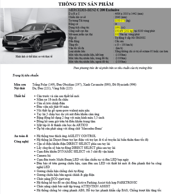 Thông số kỹ thuật Mercedes C200 exclusive 2021 - Mercedes VietNam | Các  dòng xe chính hãng Mercedes-Benz giá tốt